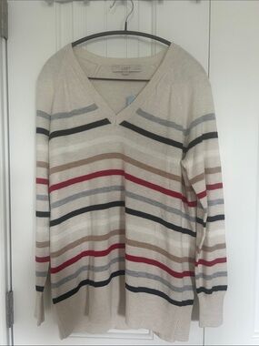 LOFT Cream V-Neck Sweater with Navy, Red, Gray, and Tan Stripes